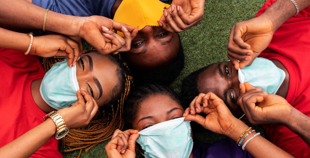 high-angle-friends-with-face-mask-concept